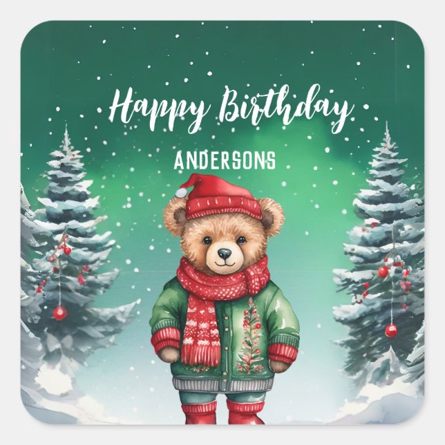 Sticker Carré Ours en peluche mignon Noël arbre anniversaire fil (Devant)