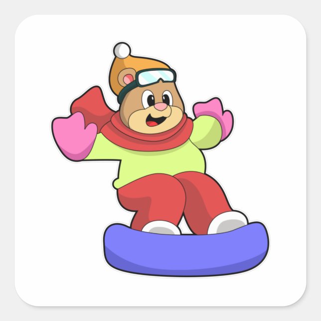 Sticker Carré Ours en snowboard avec snowboard (Devant)