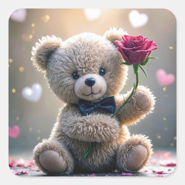 Sticker Carré Ours En Teddy Avec Rose Rouge (Devant)