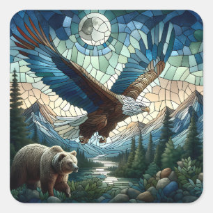 Sticker Carré Ours et aigle en mosaïque dans les montagnes Ai Ar