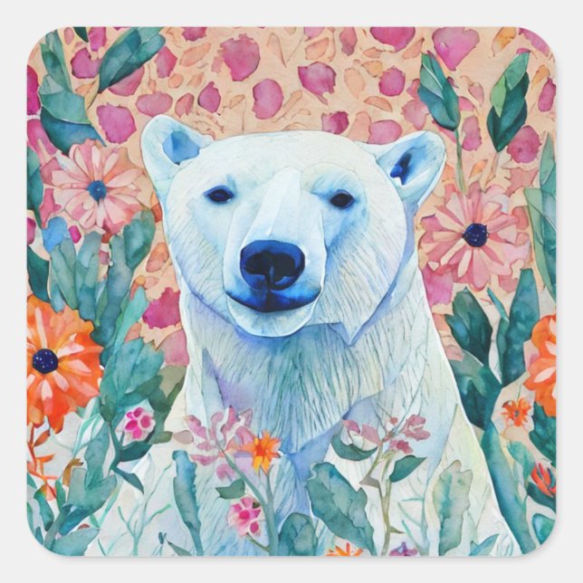 Sticker Carré Ours et fleurs polaires (Devant)