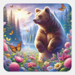 Sticker Carré Ours et papillons mignons et colorés