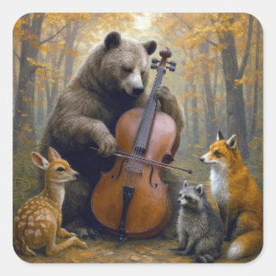 Sticker Carré Ours jouant du violoncelle dans les bois d'automne