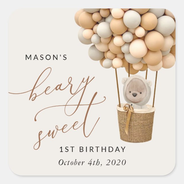 Sticker Carré Ours mignon, Ballons Beiges, Premier Anniversaire (Devant)