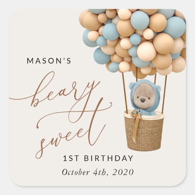 Sticker Carré Ours mignon, Ballons Bleus, Premier Anniversaire (Devant)