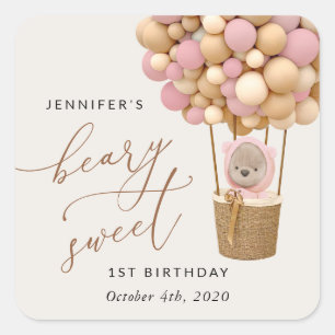 Sticker Carré Ours mignon, Ballons roses, Premier Anniversaire