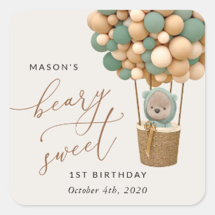 Sticker Carré Ours mignon, Ballons verts, Premier anniversaire
