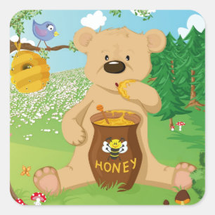 Sticker Carré Ours mignon mangeant du miel