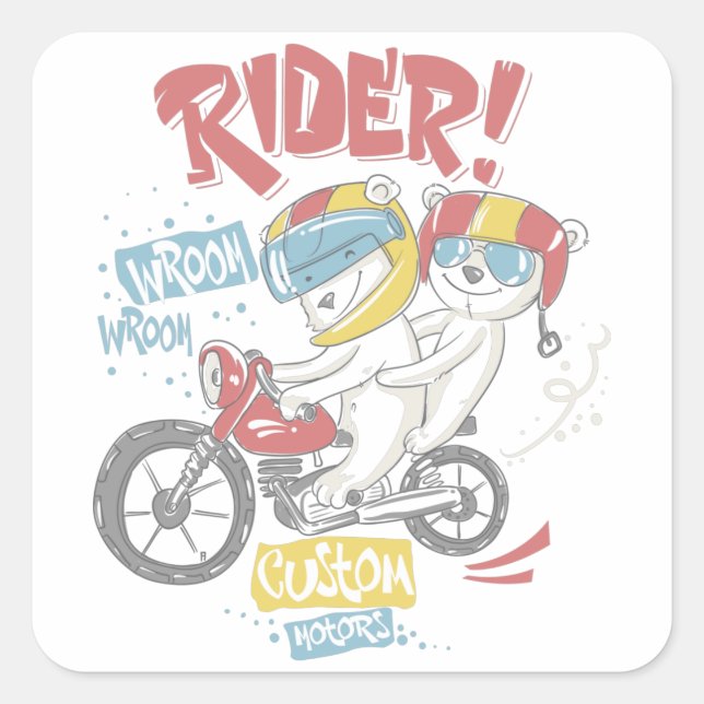 Sticker Carré Ours mignons en moto (Devant)