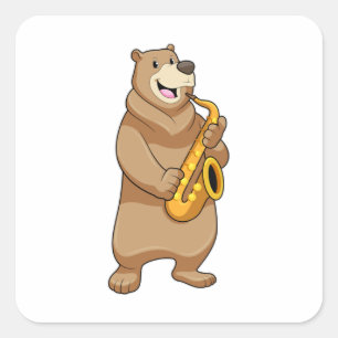 Sticker Carré Ours musicien avec saxophone