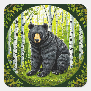 Sticker Carré Ours noir dans une forêt de bouleaux