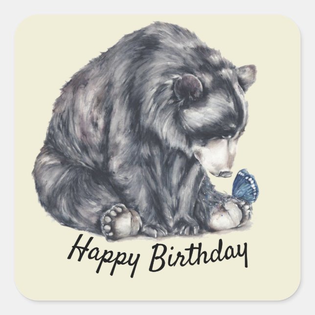 Sticker Carré Ours noir et papillon Joyeux anniversaire (Devant)