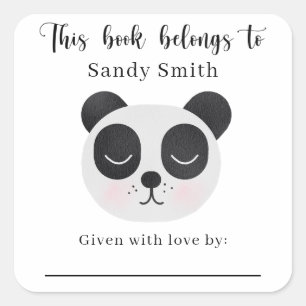 Sticker Carré Ours panda - Ce livre appartient à avec message