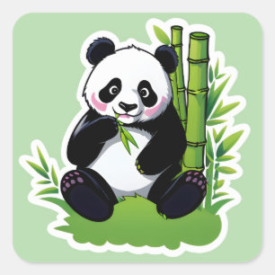Sticker Carré Ours panda mangeant des feuilles de bambou