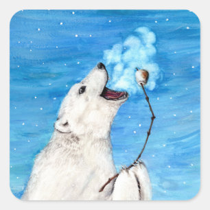 Sticker Carré Ours polaire avec Marshmallow grillé