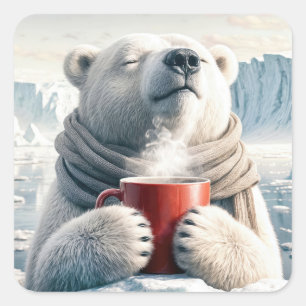 Sticker Carré Ours Polaire Avec Mug De Café Rouge