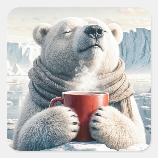 Sticker Carré Ours Polaire Avec Mug De Café Rouge (Devant)