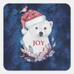 Sticker Carré Ours polaire Bébé Casquette Oiseau Noël Joie