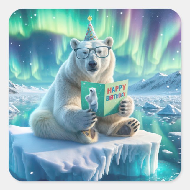 Sticker Carré Ours polaire d'anniversaire sur un iceberg (Devant)