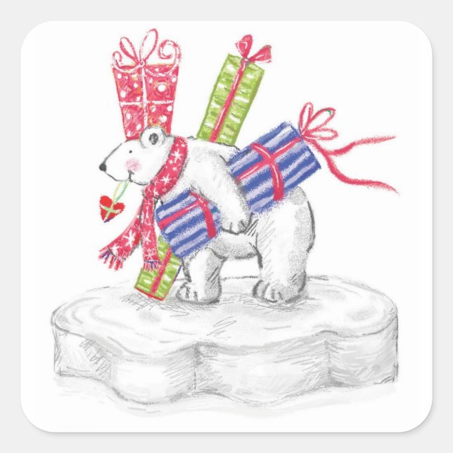 Sticker Carré Ours polaire en caricature mignonne avec cadeaux d (Devant)