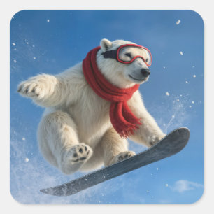 Sticker Carré Ours polaire en plein vol sur un snowboard