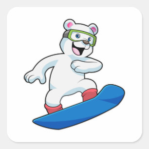 Sticker Carré Ours polaire en Snowboardeur avec Snowboard