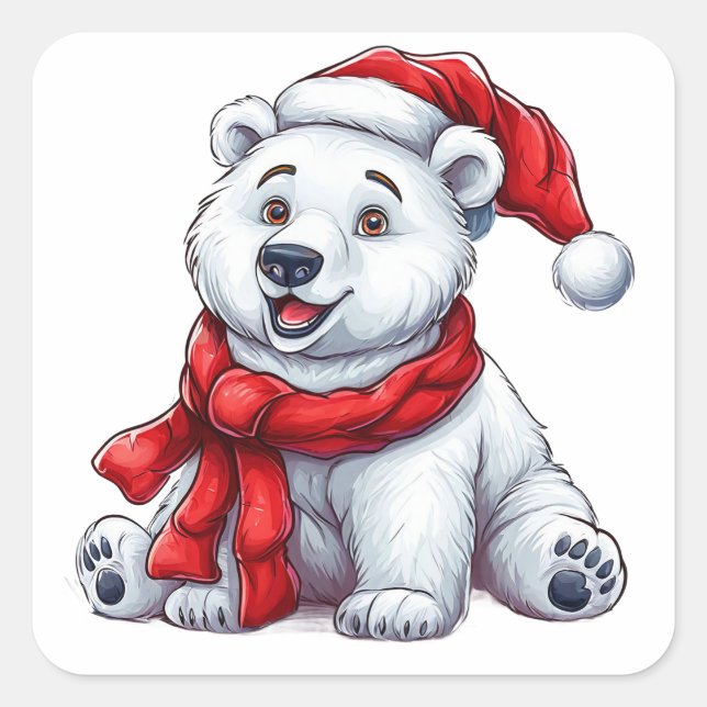 Sticker Carré Ours polaire mignon à Santa Hat et Écarf (Devant)