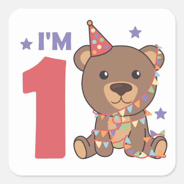 Sticker Carré Ours Pour Le Premier Anniversaire Pour Les Enfants (Devant)