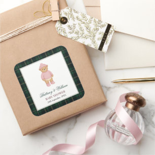 Sticker Carré Ours Préparé Classique Rose Baby Shower