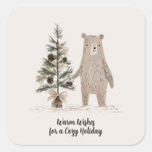 Sticker Carré Ours rustique en bois avec arbre de Noël