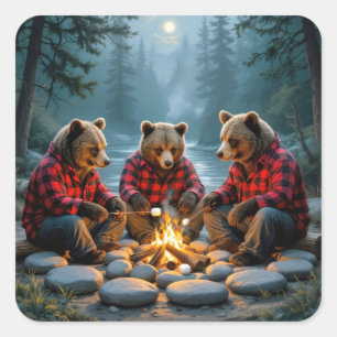 Sticker Carré Ours torréfaction des marshmallows au-dessus d'un 