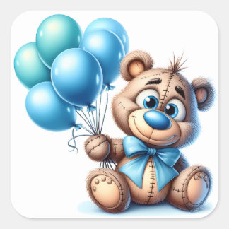Sticker Carré Ourson en peluche avec ballons bleus Baby Shower