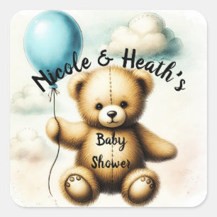 Sticker Carré Ourson en peluche bleu Baby Shower