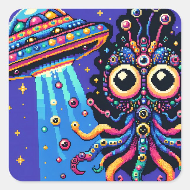Sticker Carré OVNI et Pixel Art Alien (Devant)