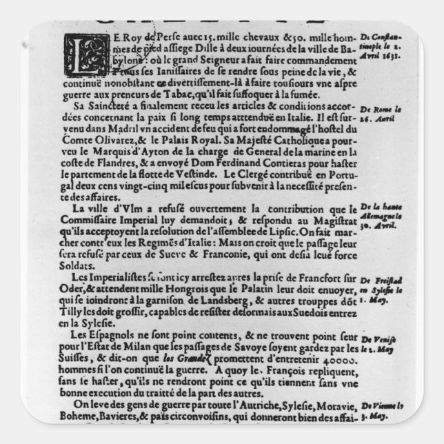 Sticker Carré Page du texte de 'La Gazette' (Devant)