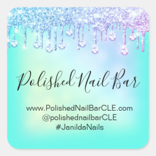 Sticker Carré Pailleté Mint Blue Diamond Drips Ongle Rose