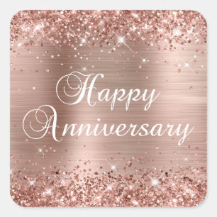 Sticker Carré Pailleté Rose Gold Foil Joyeux Anniversaire