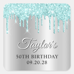 Sticker Carré Pailleté Turquoise Clair Gouttes Ombre en Argent