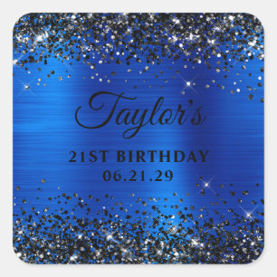 Sticker Carré Paillettes Noires Bleu Royal Feuille 21e Anniversa
