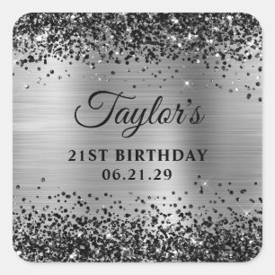Sticker Carré Paillettes noires Feuille d'argent 21e anniversair
