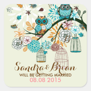 Sticker Carré Paire De Chouette mariage Arrière - plan Sur Arbre