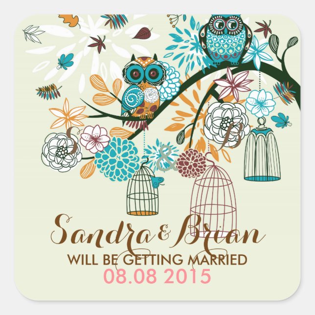 Sticker Carré Paire De Chouette mariage Arrière - plan Sur Arbre (Devant)