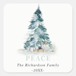 Sticker Carré Paix Neige Aquarelle Pine Noël Arbre Cadeaux