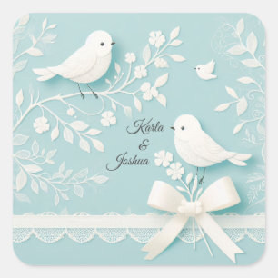 Sticker Carré Pale Turquoise avec dentelle romantique et Mariage