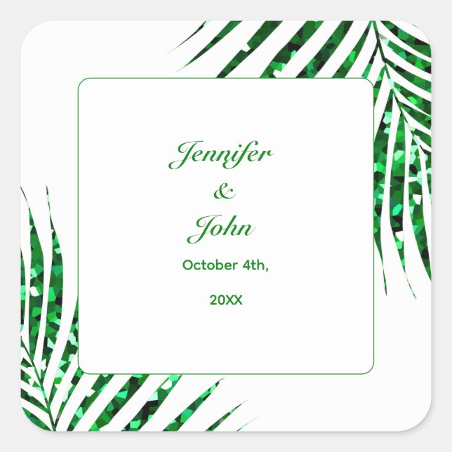 Sticker Carré Palm Leaf Emerald Green Parties scintillant Mariag (Devant)