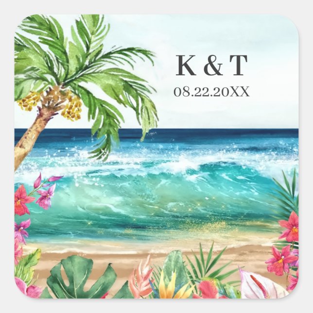 Sticker Carré Palm Paradise Plage tropicale Mariage & Douche (Devant)