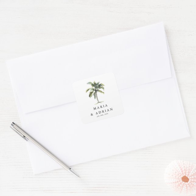Sticker Carré Palm Tree minimal Mariage de plage tropicale (Enveloppe)