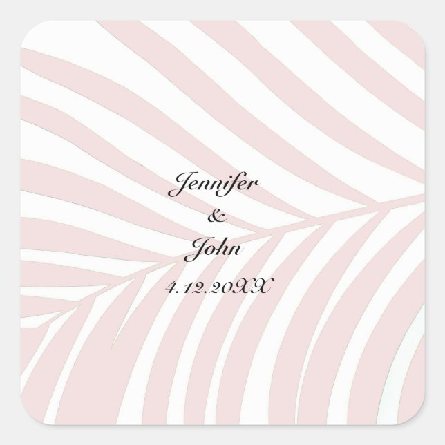 Sticker Carré Palm Tree Tropical Feuilles noms de Mariage Peach  (Devant)