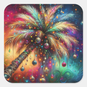 Sticker Carré Palmier de Noël Whimsical Tropical Beach Vivid