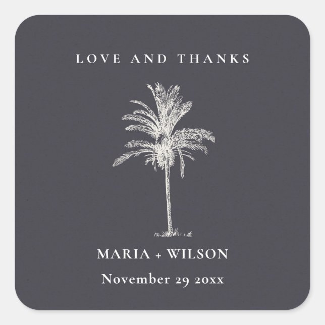 Sticker Carré Palmier Tropical Marine Kraft Mariage Merci (Devant)